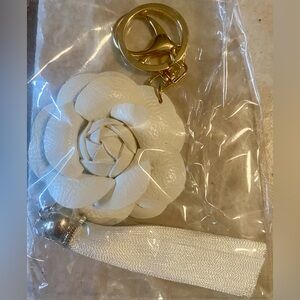 Bag Charm/Keychain Cream camellia flower, tassel & gold tone hardware